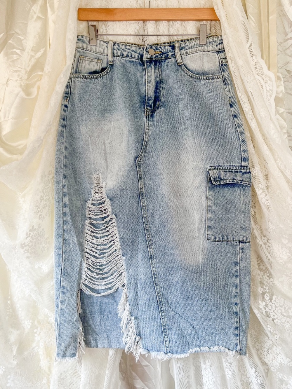 Light Wash Distressed Cargo Denim Midi Skirt